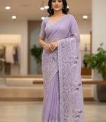 Purple color embroidery and cut work border Crunchy silk Saree