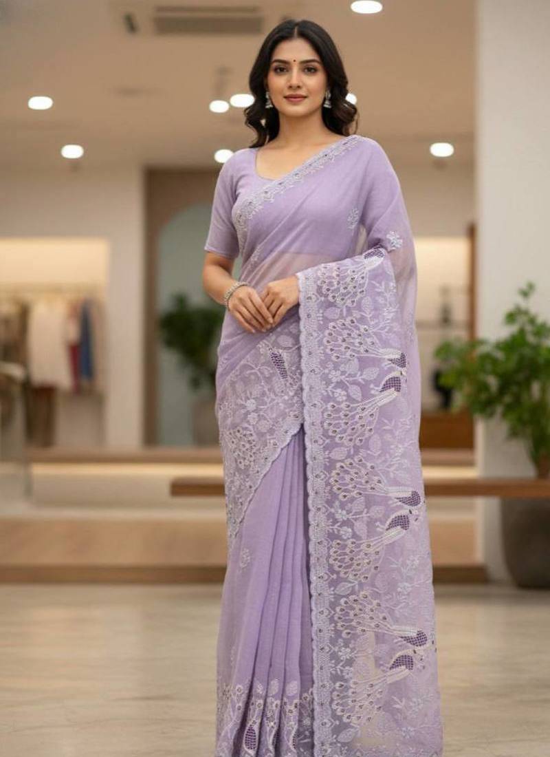 Purple color embroidery and cut work border Crunchy silk Saree
