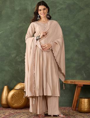 Beige embroidered cotton silk thread work ethnic-kurtis 1