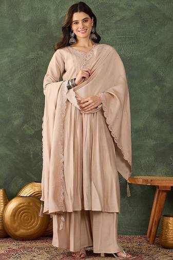 Beige embroidered cotton silk thread work ethnic-kurtis