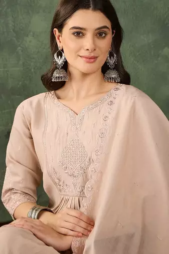 Beige embroidered cotton silk thread work ethnic-kurtis