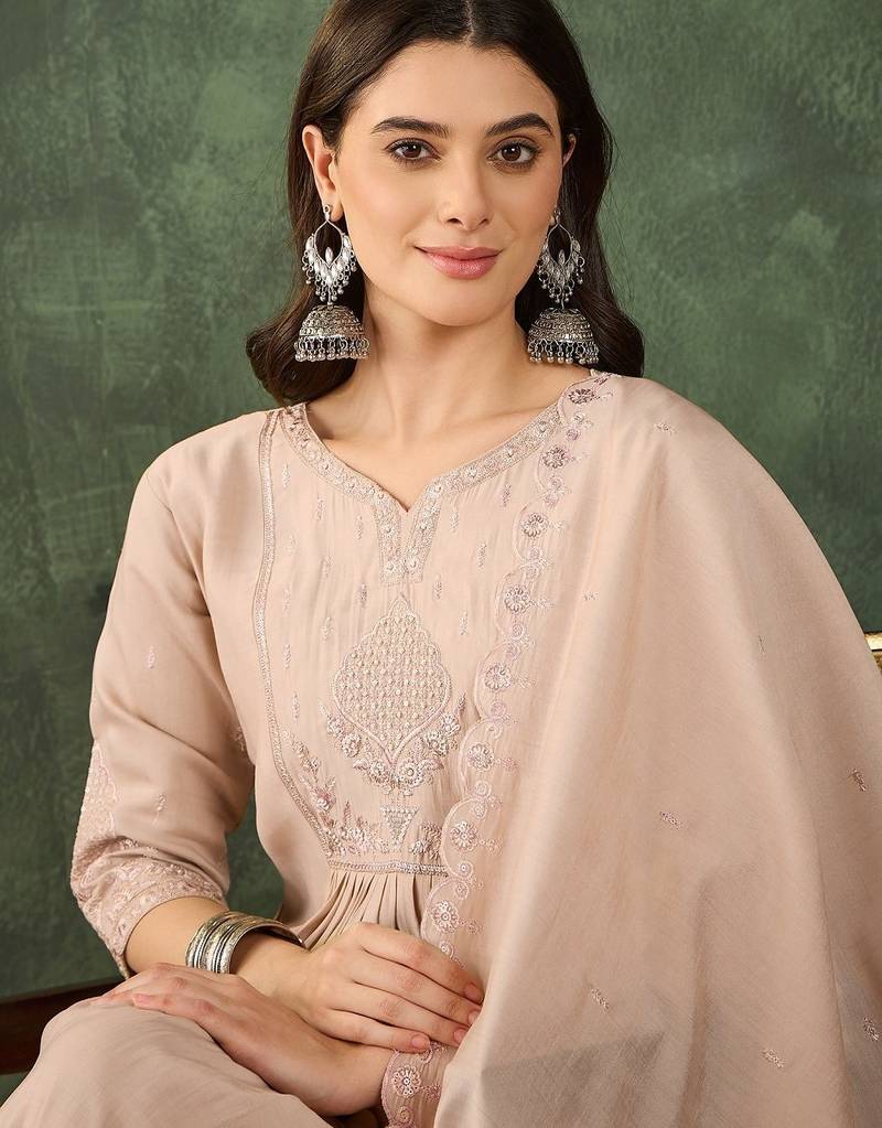 Beige embroidered cotton silk thread work ethnic-kurtis