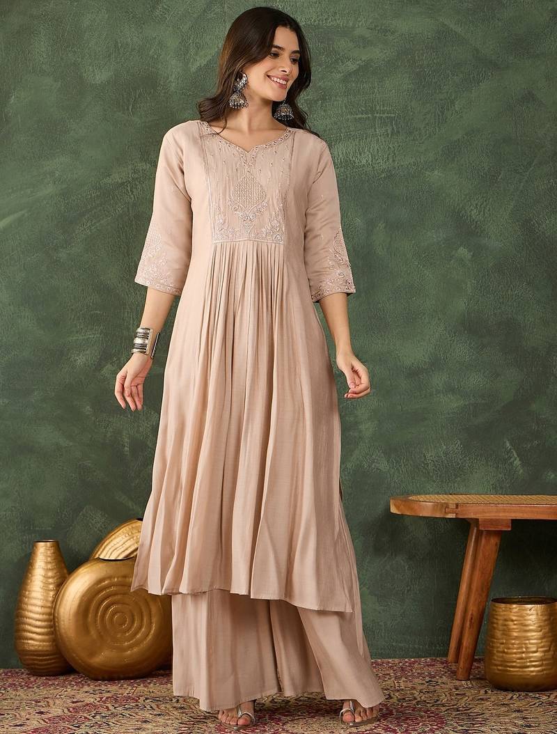 Beige embroidered cotton silk thread work ethnic-kurtis