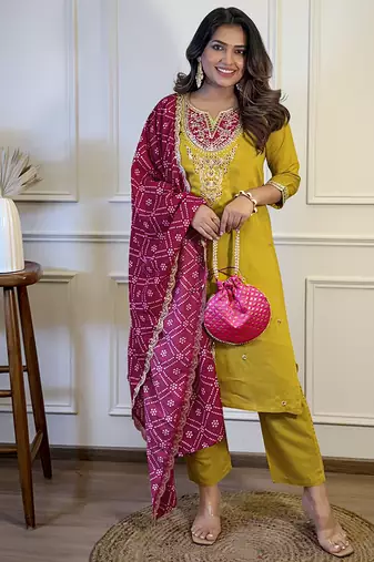 Mustard embroidered viscose sequins work ethnic-kurtis