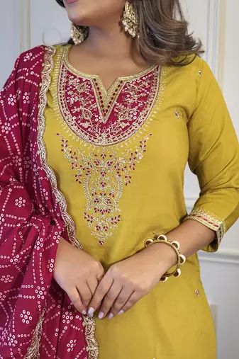 Mustard embroidered viscose sequins work ethnic-kurtis