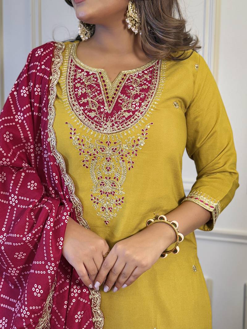 Mustard embroidered viscose sequins work ethnic-kurtis