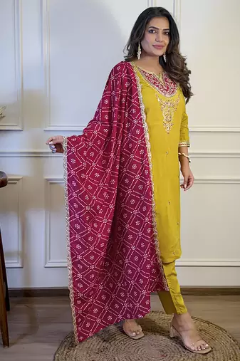 Mustard embroidered viscose sequins work ethnic-kurtis