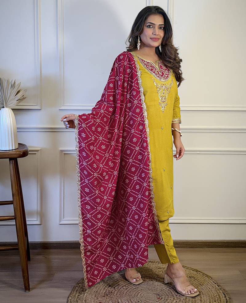 Mustard embroidered viscose sequins work ethnic-kurtis