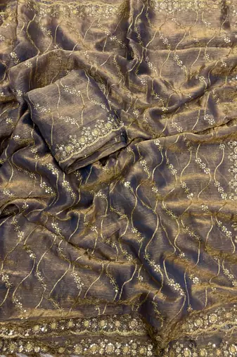 Grey color golden zari with 3 mm sequence work chiffon Saree