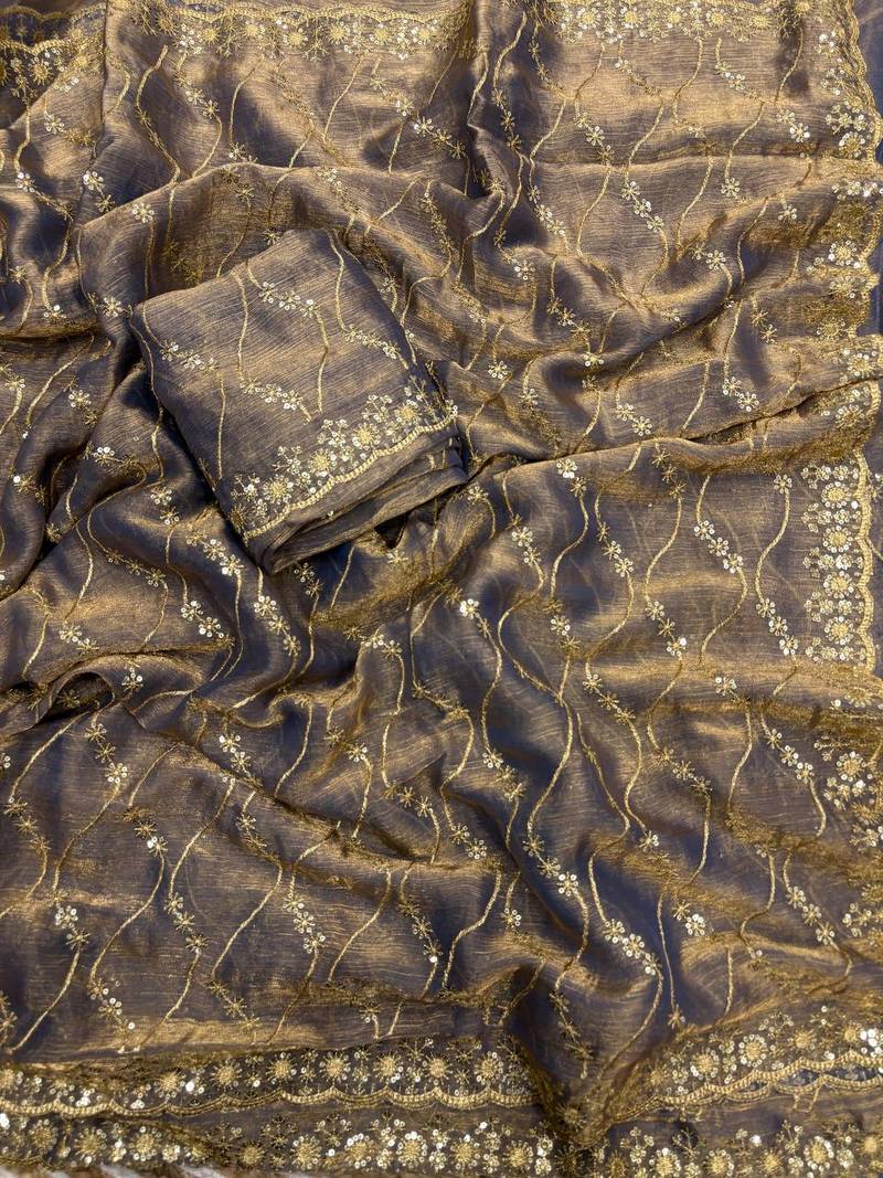 Grey color golden zari with 3 mm sequence work chiffon Saree