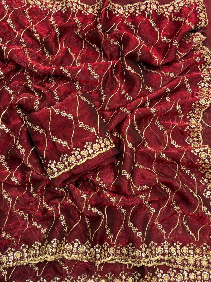 Maroon color golden zari with 3 mm sequence work chiffon Saree