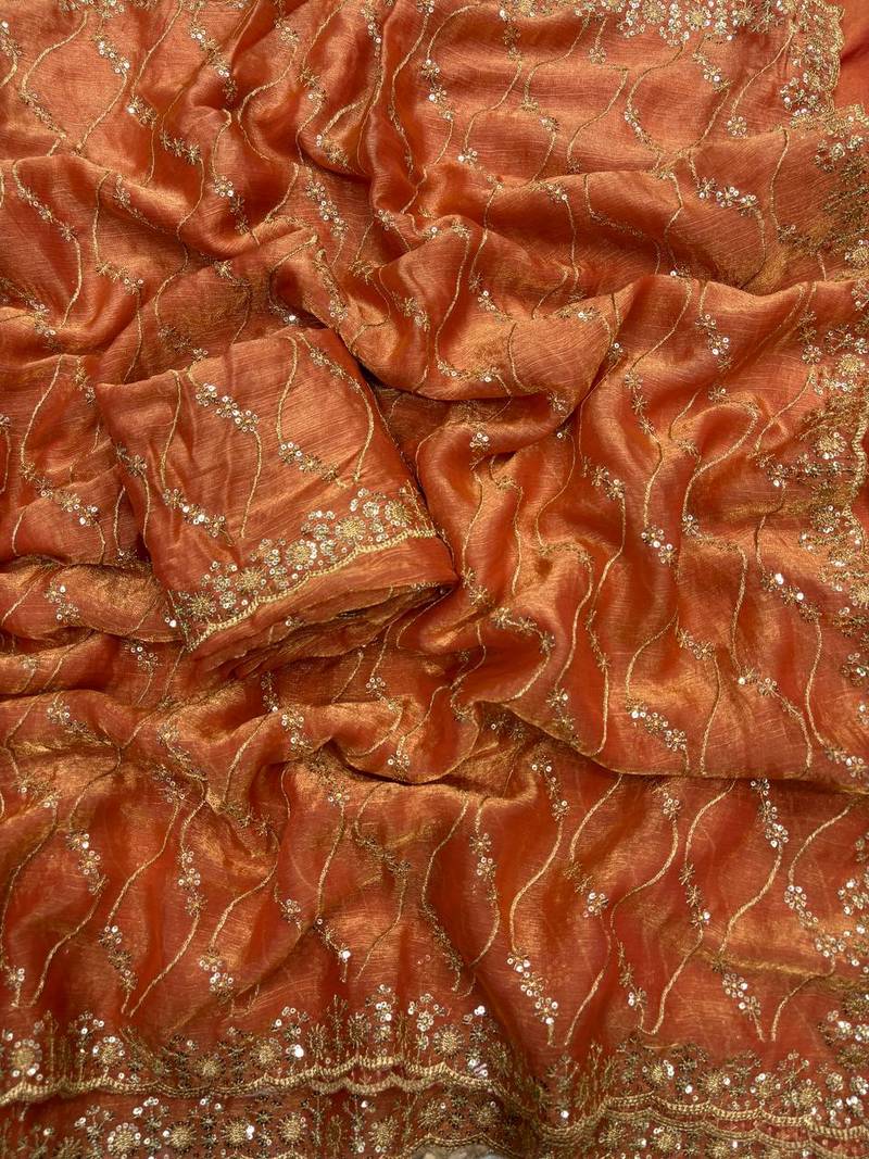 Orange color golden zari with 3 mm sequence work chiffon Saree