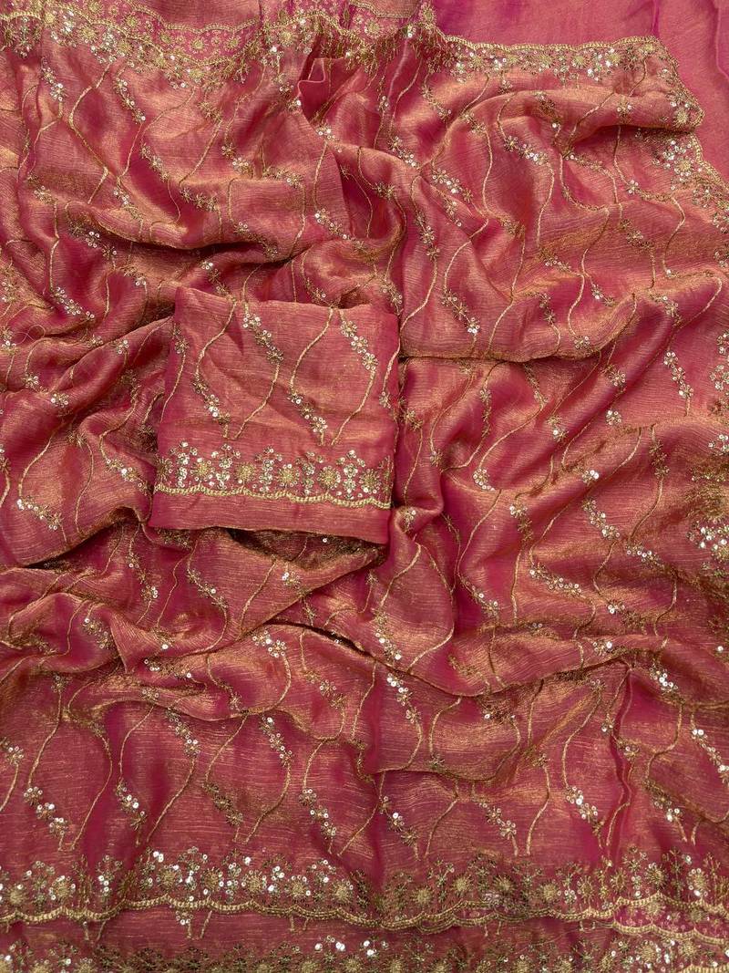 pink color golden zari with 3 mm sequence work chiffon Saree