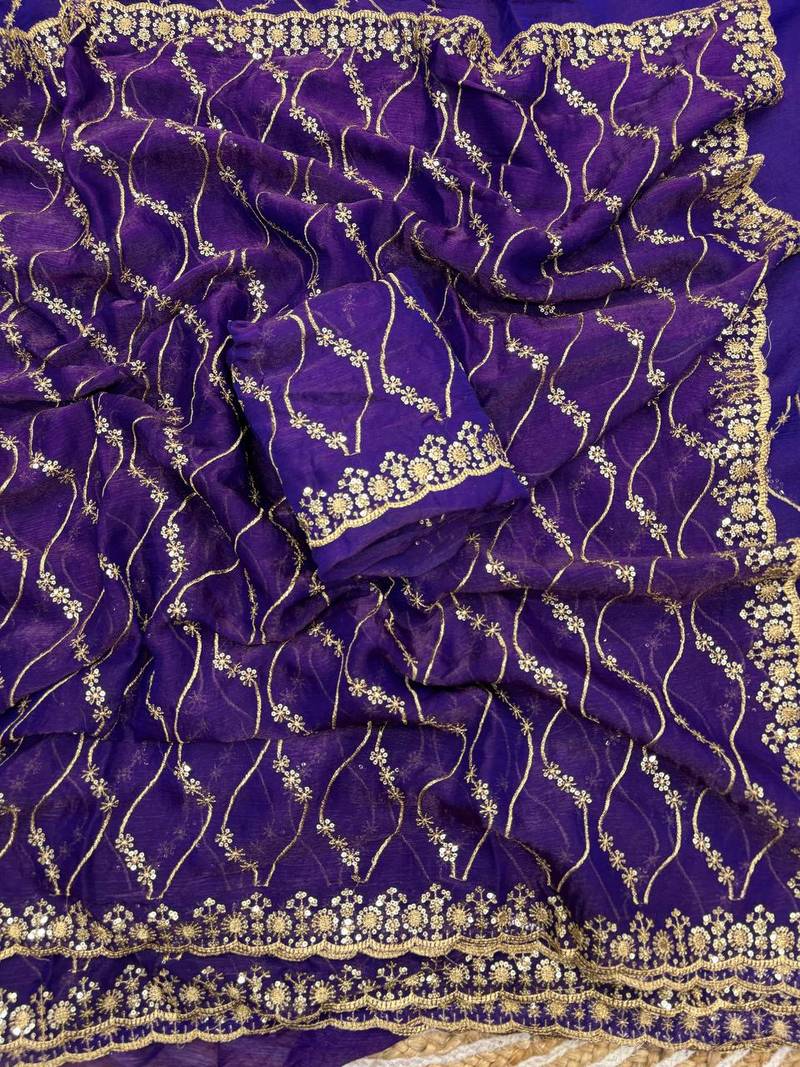 Purplecolor golden zari with 3 mm sequence work chiffon Saree