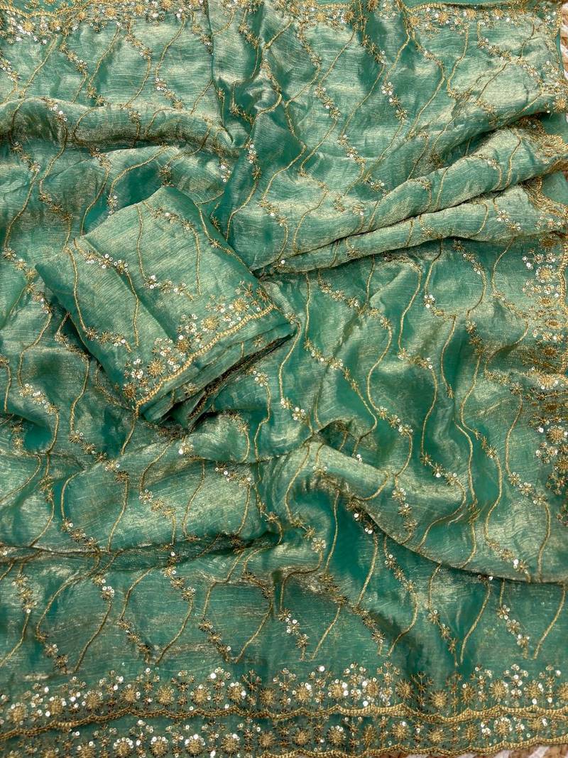 Turquoise golden zari with 3 mm sequence work chiffon Saree