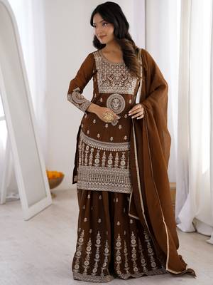 Delicate Brown Dori Embroidery Silk Eid Special Sharara Suit 1