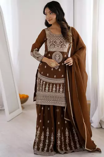 Delicate Brown Dori Embroidery Silk Eid Special Sharara Suit