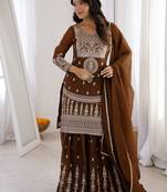 Delicate Brown Dori Embroidery Silk Eid Special Sharara Suit