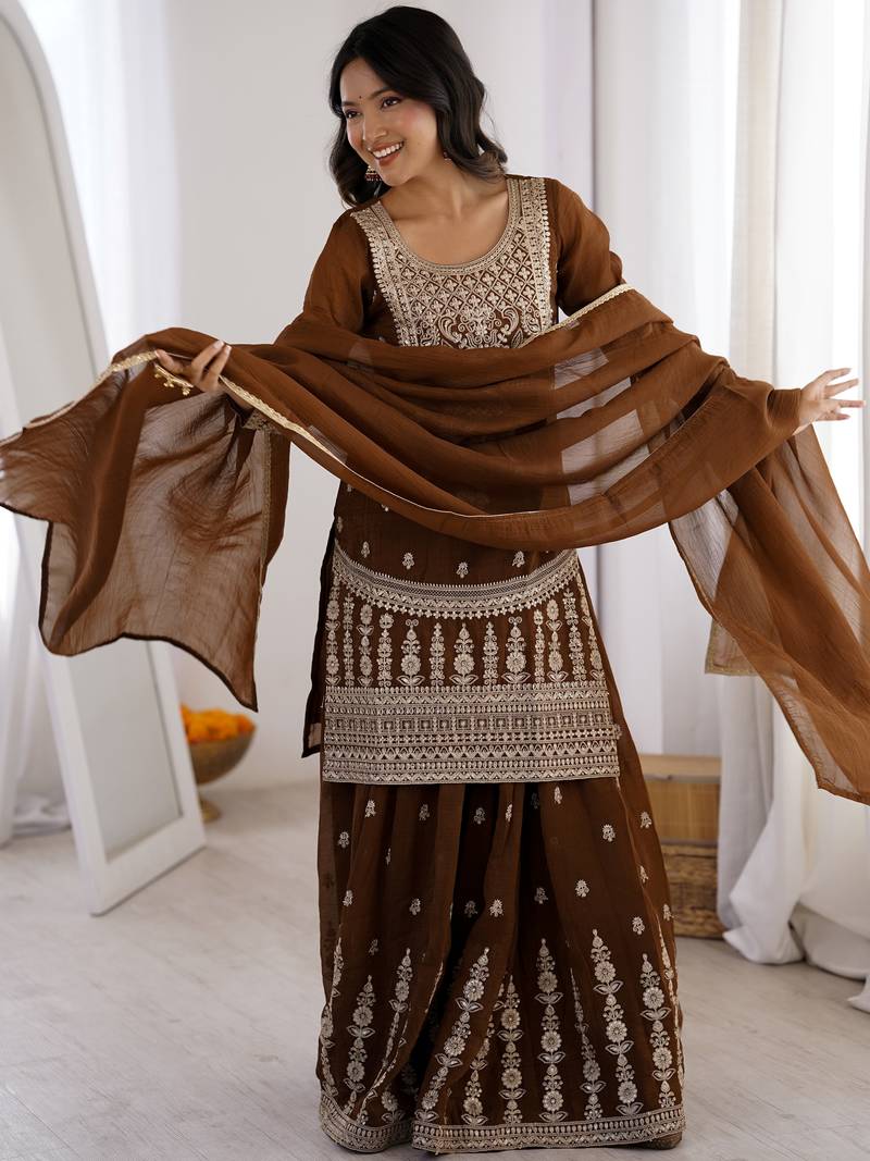 Delicate Brown Dori Embroidery Silk Eid Special Sharara Suit