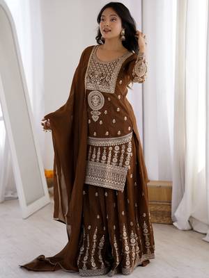 Delicate Brown Dori Embroidery Silk Eid Special Sharara Suit 4