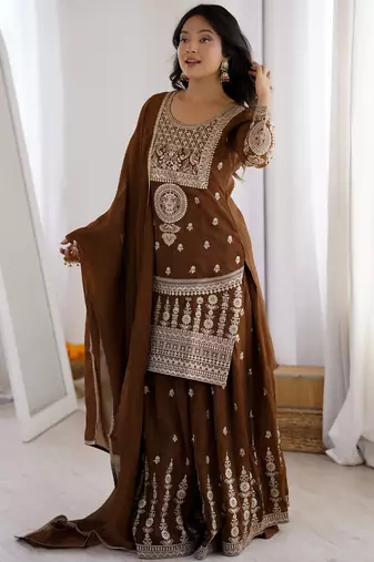 Delicate Brown Dori Embroidery Silk Eid Special Sharara Suit