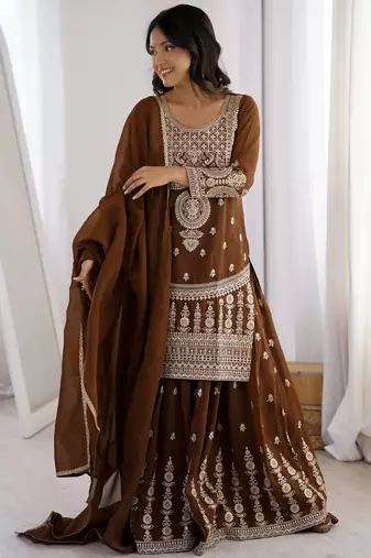 Delicate Brown Dori Embroidery Silk Eid Special Sharara Suit
