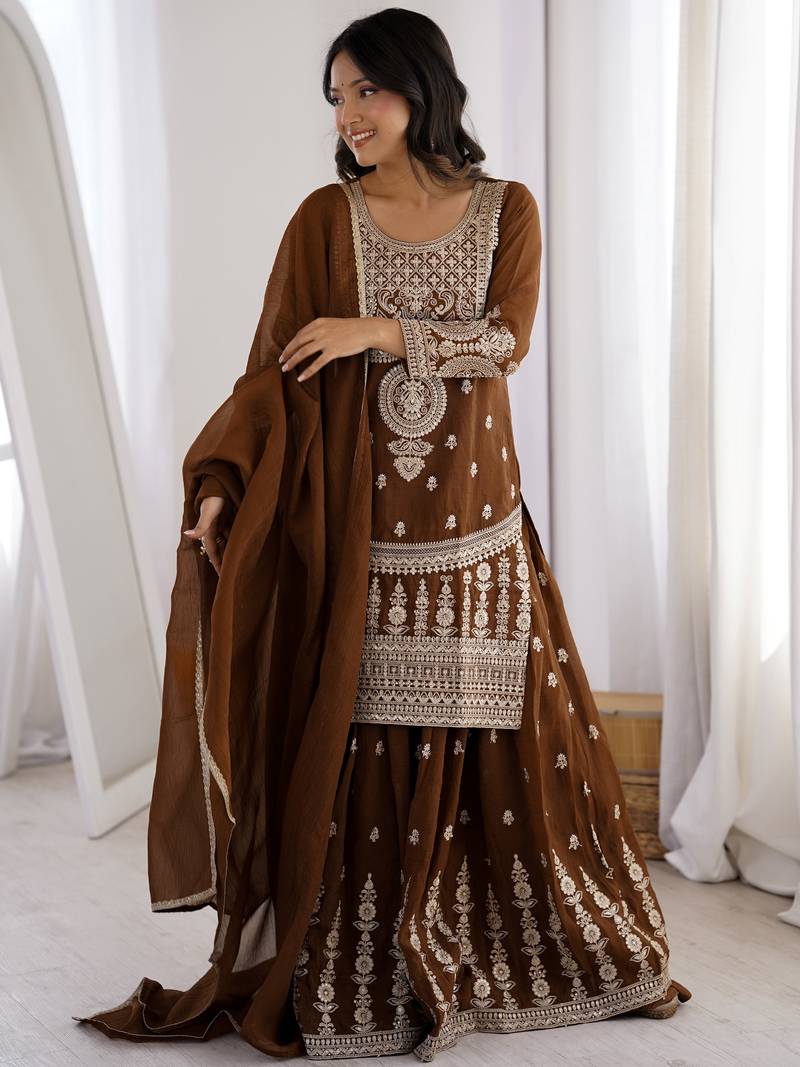 Delicate Brown Dori Embroidery Silk Eid Special Sharara Suit