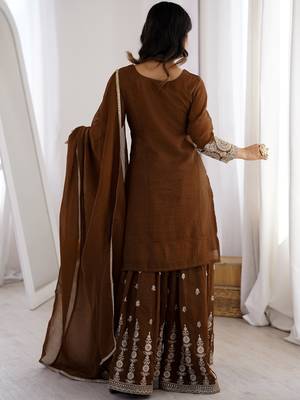 Delicate Brown Dori Embroidery Silk Eid Special Sharara Suit 6