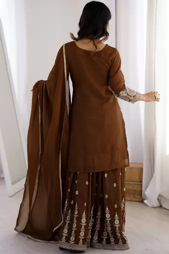 Delicate Brown Dori Embroidery Silk Eid Special Sharara Suit