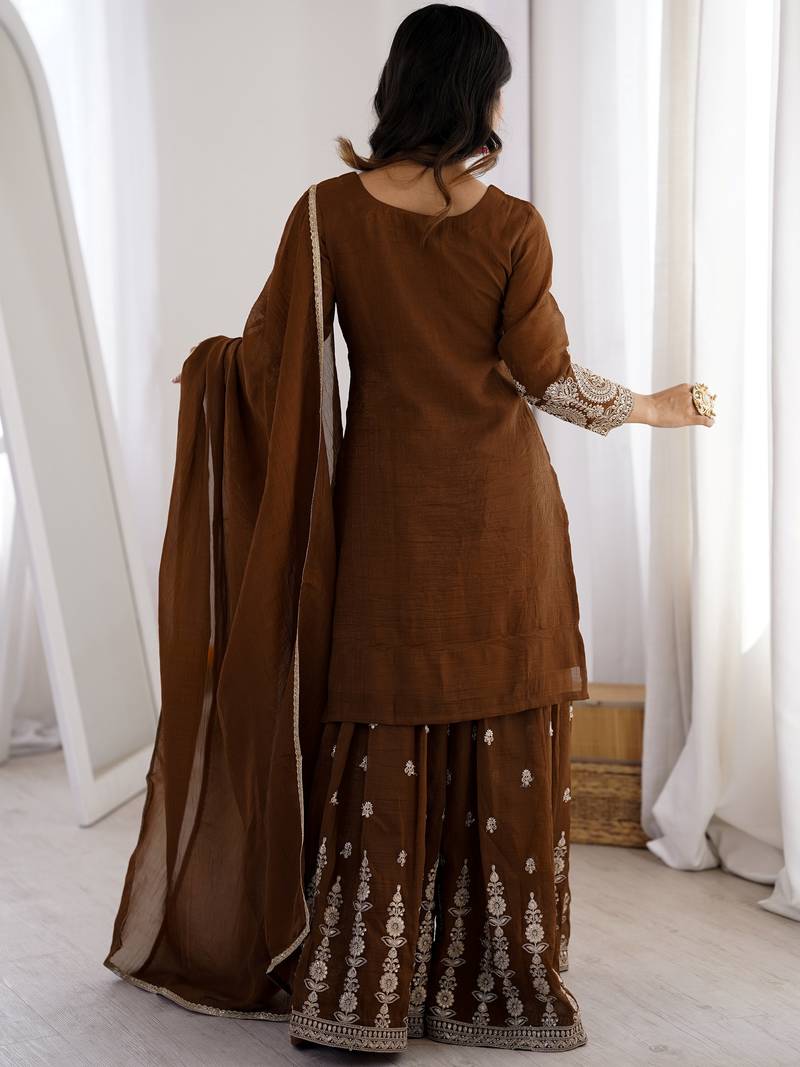 Delicate Brown Dori Embroidery Silk Eid Special Sharara Suit