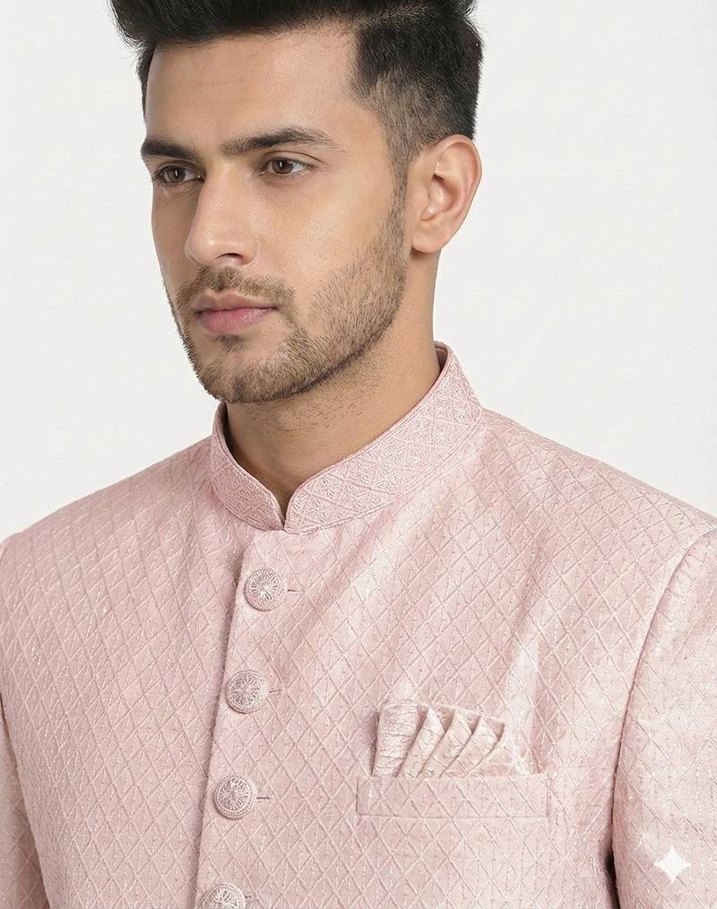 blush pink jacquard sherwani set for men