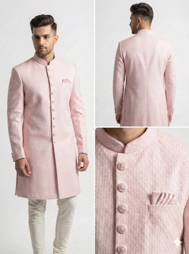 blush pink jacquard sherwani set for men