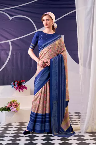 Blue color Floral Print with Foil Work Tasar Silk Saree