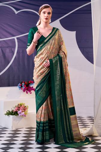 Green color Floral Print with Foil Work Tasar Silk Saree