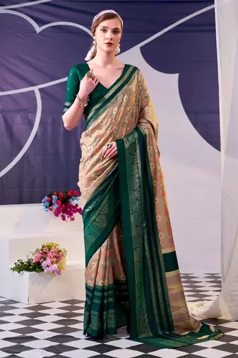 Green color Floral Print with Foil Work Tasar Silk Saree