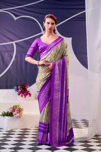 Purple color Floral Print with Foil Work Tasar Silk Saree