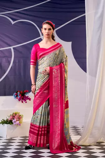Rani Pink color Floral Print with Foil Work Tasar Silk Saree