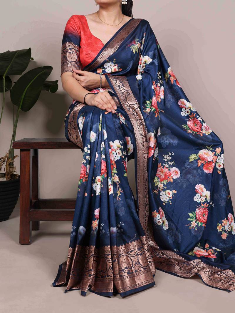Blue color Printed Tasar Silk Saree