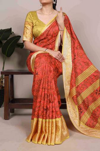 Orange color Printed Tasar Silk Saree