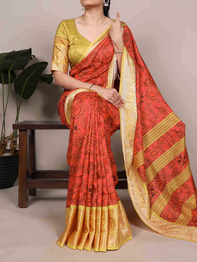 Orange color Printed Tasar Silk Saree