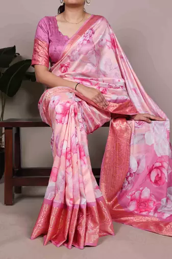 Pink color Printed Tasar Silk Saree