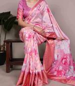 Pink color Printed Tasar Silk Saree