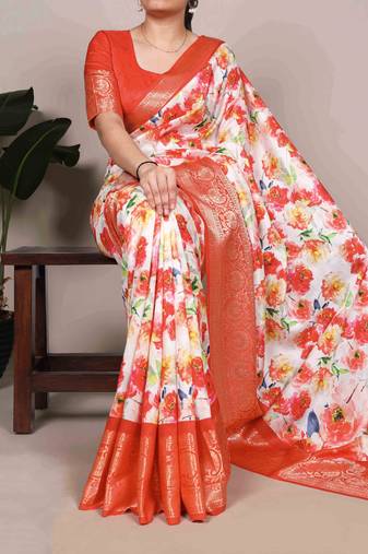 White color Printed Tasar Silk Saree