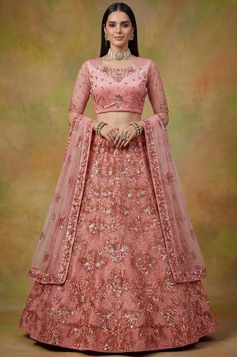 Superb Peach Sequins Net Reception Wear Lehenga With Blouse