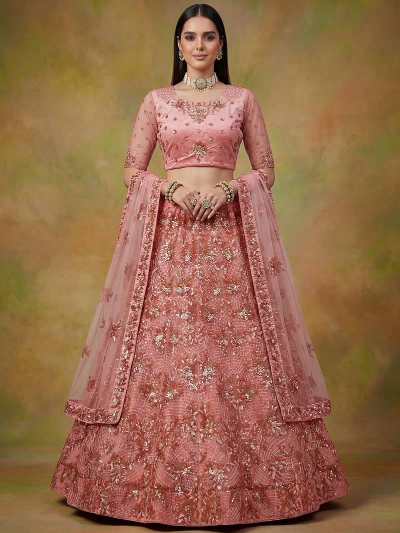 Superb Peach Sequins Net Reception Wear Lehenga With Blouse