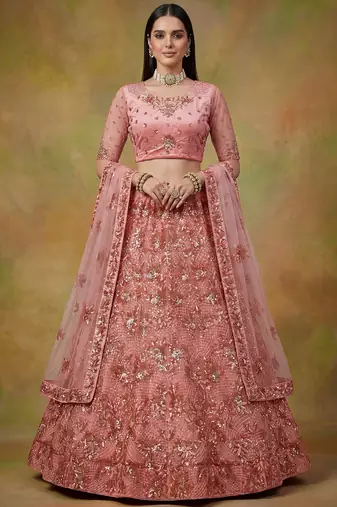 Superb Peach Sequins Net Reception Wear Lehenga With Blouse