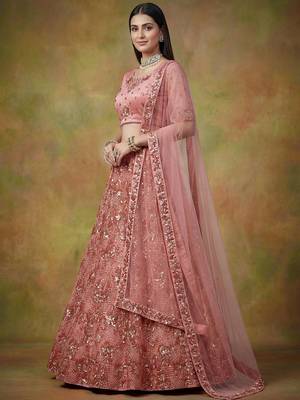 Superb Peach Sequins Net Reception Wear Lehenga With Blouse 2