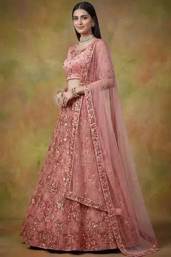 Superb Peach Sequins Net Reception Wear Lehenga With Blouse