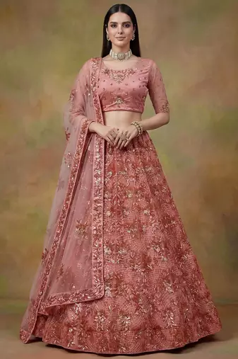Superb Peach Sequins Net Reception Wear Lehenga With Blouse