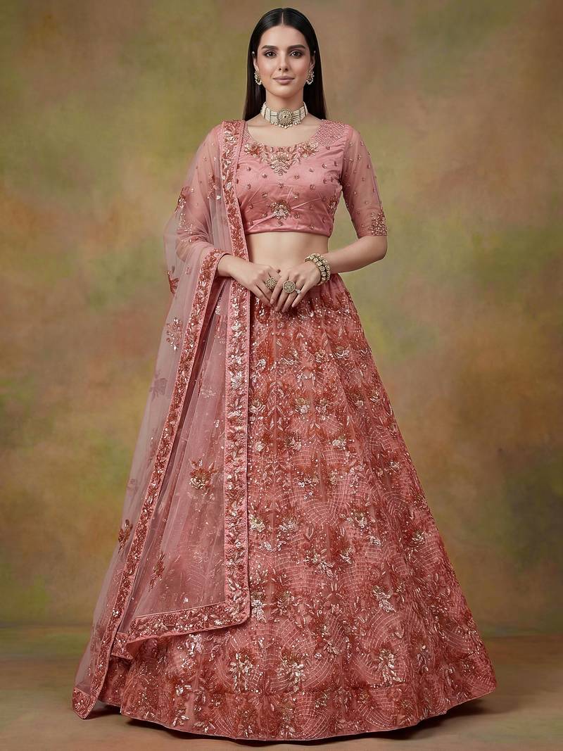 Superb Peach Sequins Net Reception Wear Lehenga With Blouse